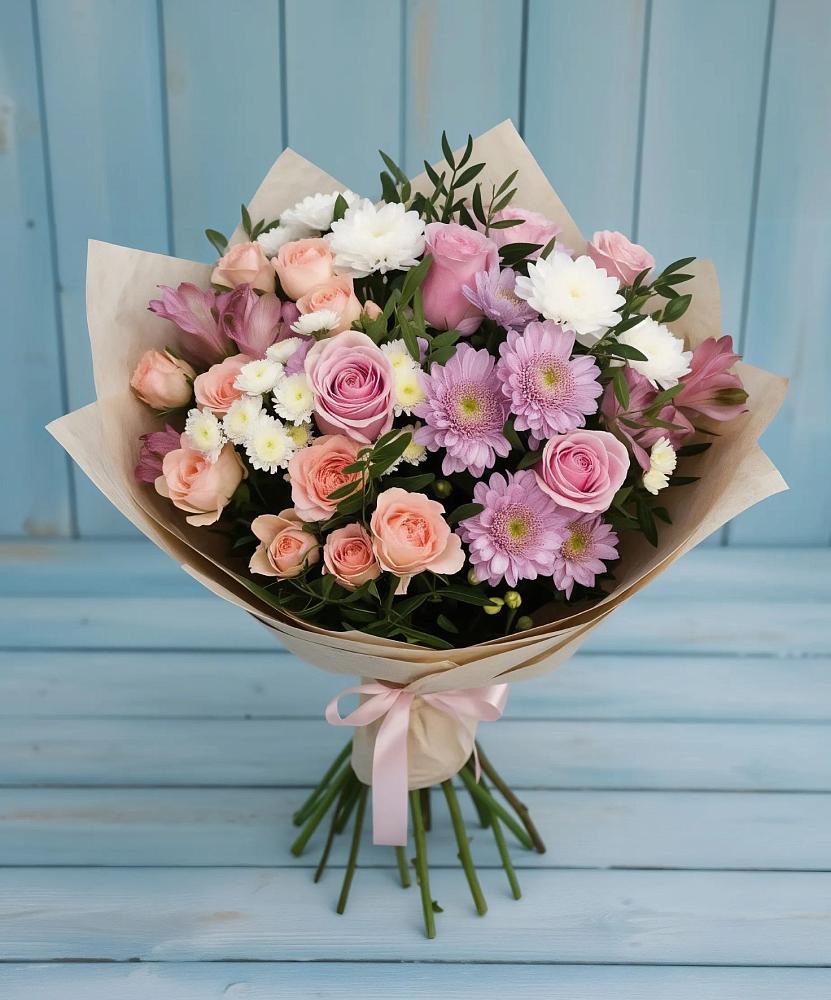 Букет цветов из: Хризантемы, Розы и Альстромерии в Бирючах
