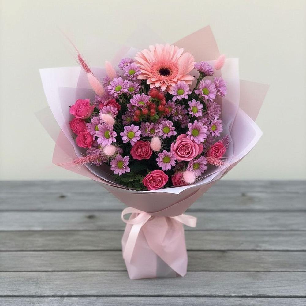 Букет цветов из: Розы, Герберы и Хризантемы в Бирючах