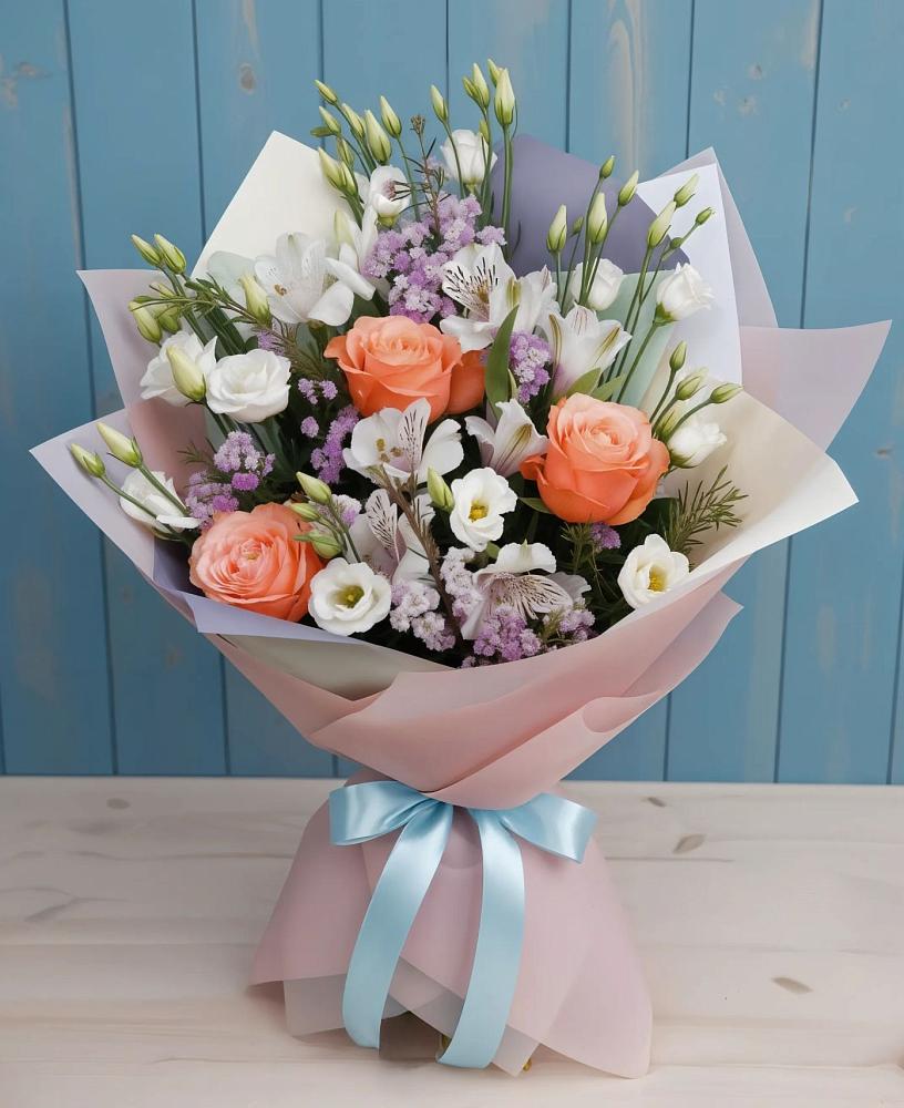 Букет цветов из: Лизиантусы, Розы, Альстромерии и Гипсофила в Бирючах