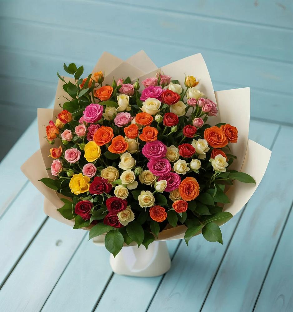 Букет Микс из разноцветных кустовых роз в Бирючах