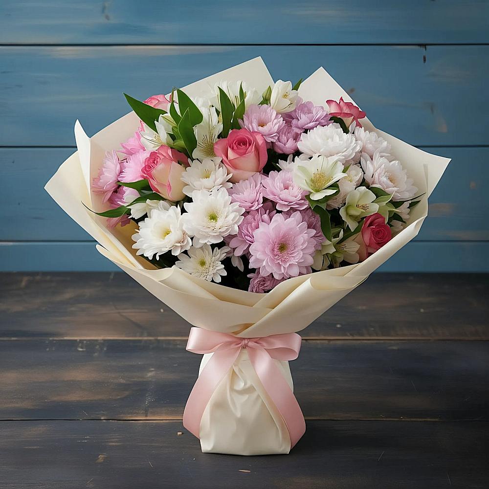 Букет цветов из: Хризантемы, Альстромерии и Розы в Бирючах